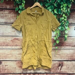 Old Navy Romper Large Mustard Yellow Cargo Pockets Button Up Short Sleeve Cotton